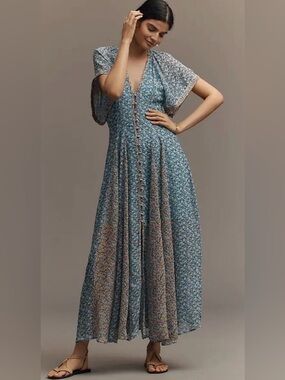 Anthropologie Mauve Pleaded Floral Maxi Dress Size 2